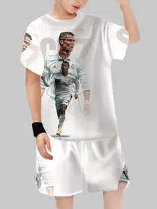 Boys' Short Sleeve Round Neck Set Featuring Cr7 Cartoon Design, Casual Fitted Style for School & Outing, Simple Texture Fanwear