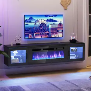 【Ships 2 Packages】70" Floating TV Stand with 36" Electric Fireplace, High Gloss Finish Wall Mounted Fireplace Entertainment Center with Storage for TVs Up to 80", Black TV Stand and Black Fireplace