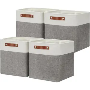 Set of 4 Storage Cubes Baskets for Organizing, 12 x 12 x 12 inch Cube Storage Organizer Bins with Leather Handles, Foldable Fabric Cloth Bins for Cube Storage 4 Pack - 12" White&Grey