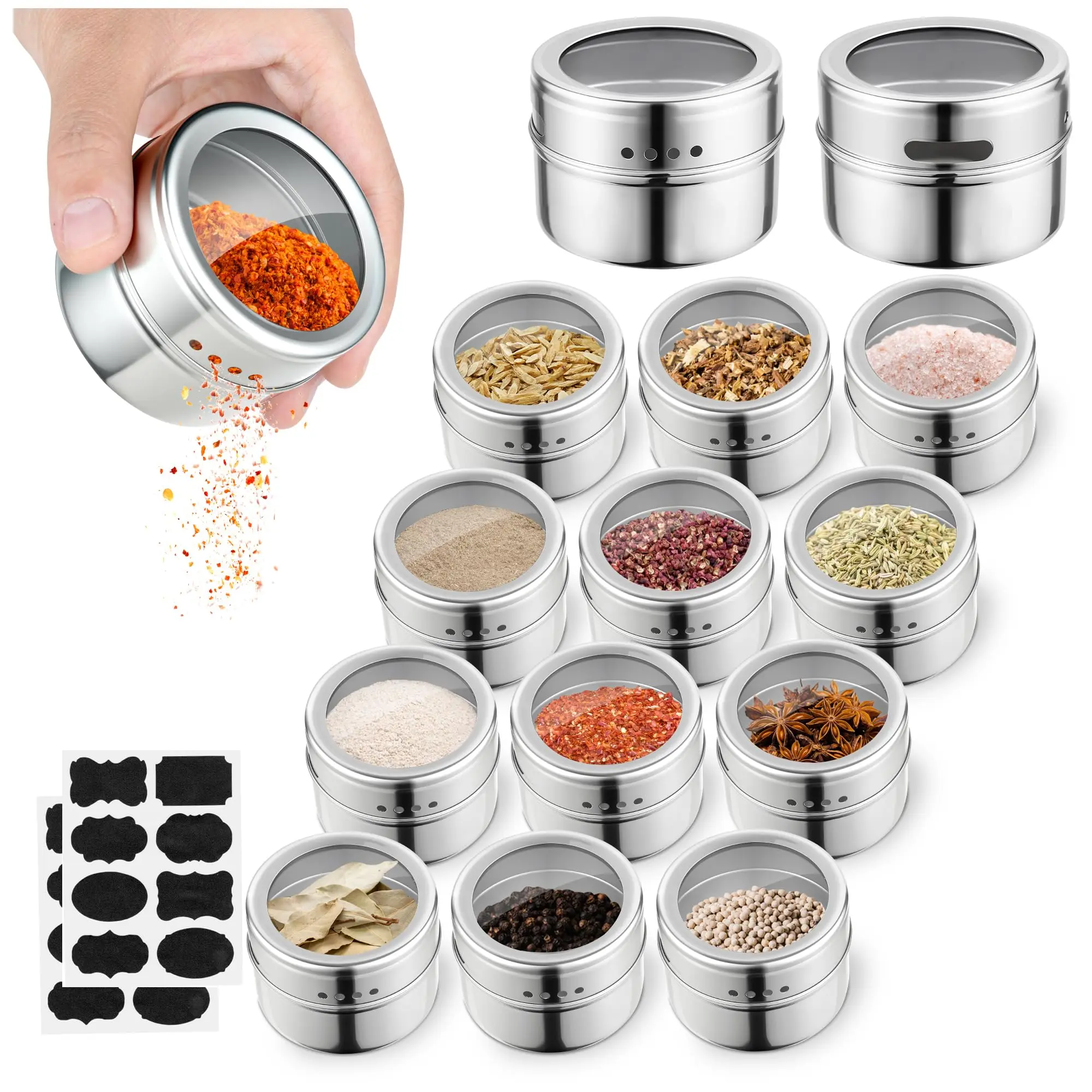 12pcs Stainless Steel Spice Jars, Magnetic Condiment Tins Magnetic Spice Jar With Clear Lid And Holes Sift&Pour - Easy To Clean