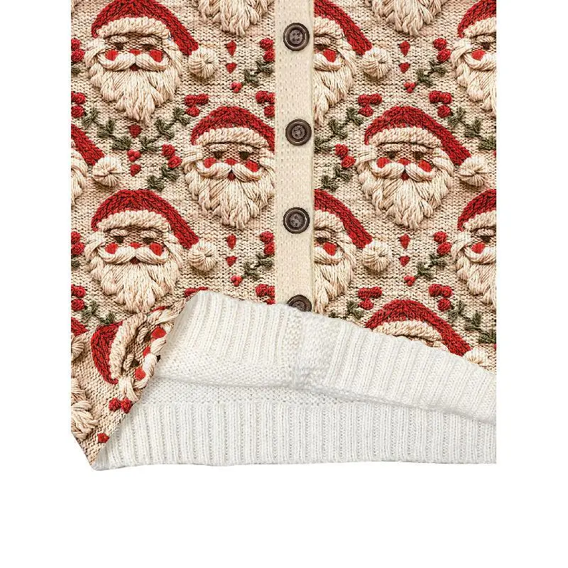 Women'S Festive Santa Claus Cardigan - Beige with Red & Green Embroidered Design, Long Sleeve Button-Up Sweater for Fall & Winter, Durable Casual Holiday Outerwear, Christmas Cardigan Women'S Festive Santa Claus Cardigan - Beige with Red & Green Embroidered Design, Long Sleeve Button-Up Sweater for Fall & Winter, Durable Casual Holiday Outerwear, Christmas Cardigan