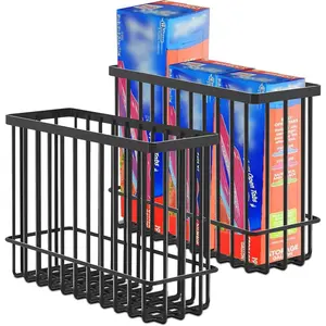 2 Pack Cabinet Door Organizer, Foil and Plastic Wrap Organizer, Wall Mounted Kitchen Organizers and Storage Wire Basket, Pantry Door Storage Kitchen Wrap, Black