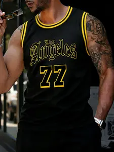 Men's #77 Basketball Jersey, Loose Fit Breathable Sleeveless Round Neck Vest Top with Embroidered Graphics, Suitable for Basketball, Sports Running and Workout