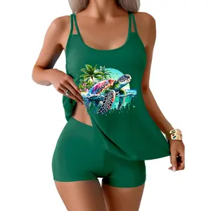 Women's 2-Piece Watercolor Sea Turtle Ocean Beach Tankini Bathing Suit Set, Stretchy Swim Tankini Tops, Tummy-Covering Boy Short Swimsuits Boyshorts Pack