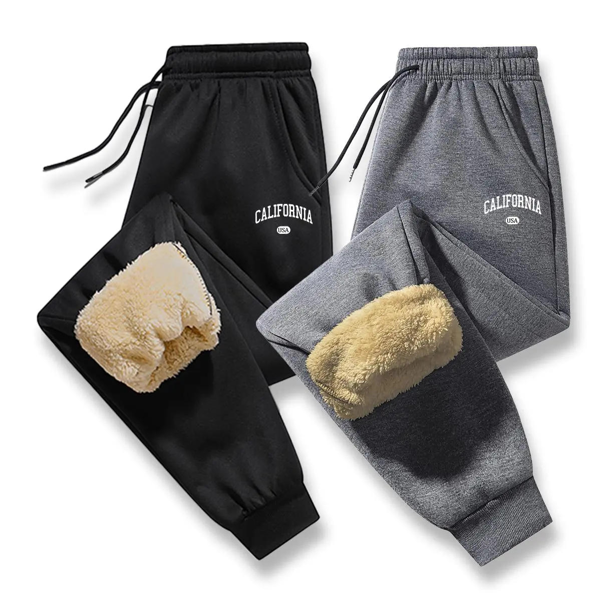 Men's winter fleece-lined casual pants with printed patterns, featuring a trendy street style. Thick, warm, and comfortable, perfect for winter wear and everyday casual use. A must-have piece for your winter wardrobe. Fitted Sweatpants Stylish Fluffy