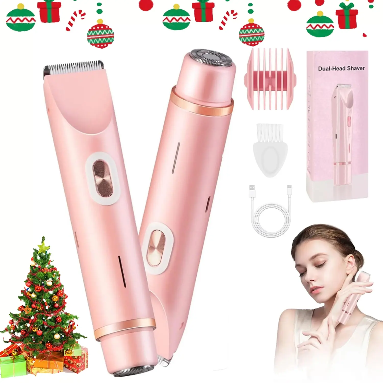Bikini Trimmer for Women, Electric Shaver and Razor Rechargeable 2-in-1 Bodyand Facial Hair Removal Double Head forPainless Trimming of Pubic Face UnderarmLegs,IPX7 Waterproof, USB Rechargeable Trimmer, Wireless Hair Trimmer, pink