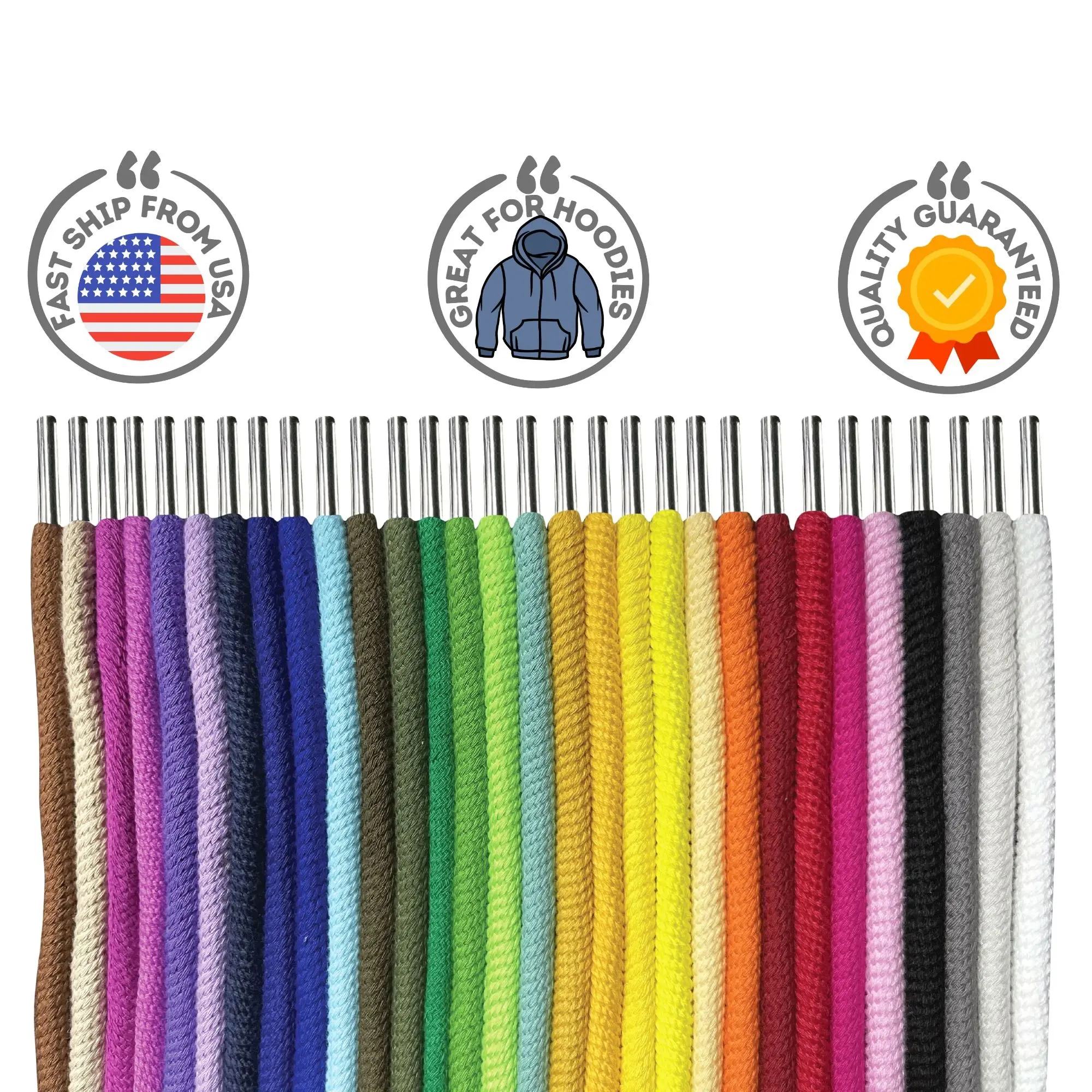 Hoodies Drawstring Cord Replacement, Thick 1/4” 100% cotton round metal stopper, Drawstring cord for hoodies, jackets, joggers, pants and clothings
