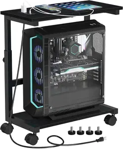 Computer Tower Stand with  Station, 25.0"-32.1" Height Adjustable PC Tower Stand for Floor, Mobile PC Holder with Locking Wheels Computer Cart for  Office