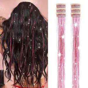 CHAOEE Hair Tinsel Kit Pack of 6 Pcs Hair Tinsel Clip in 20Inch Glitter Tinsel Hair Extensions Heat Resistant Clip in Hair Tinsel Sparkle Fairy Hair Accessories for Kids Girls Women（Pink）