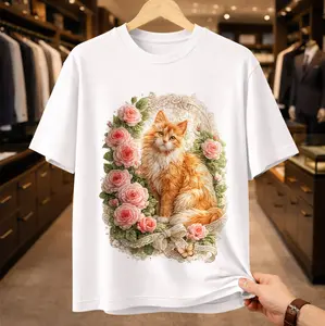 Aesthetic Orange Cat Graphic T-Shirt White Crew Neck Pink Roses Floral Design Unisex Short Sleeve Casual Tee