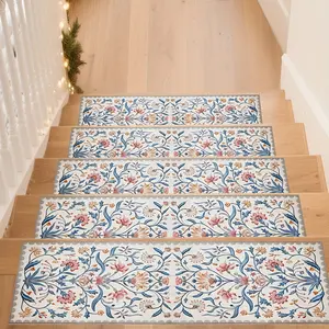 15pcs Non-Slip Bottom Floral Patterned Stair Carpets, Non-Slip Stair Mats, Protective Step Carpets, Bordered Stair Pads for Home Decoration, Suitable for Indoor/Outdoor Stairs, Wooden Or Hard Surfaces, And Other Scenarios