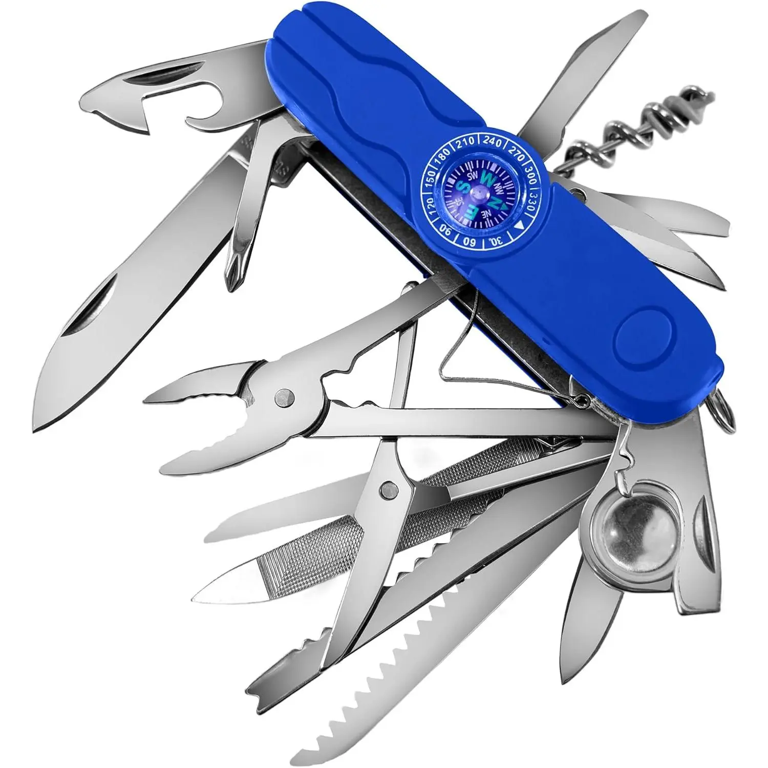 Swiss 30-in-1 Swiss Knife with Compass, Tool Knife with Large Blade, Scissor, Screwdriver, Plier, Magnifying, Tweezer for Gifts - Blue