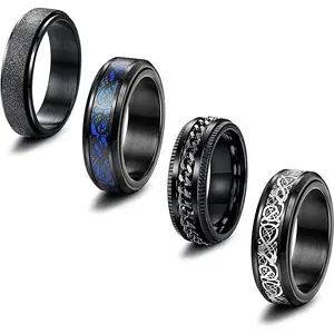 FLORIDECO 4 Pcs Black Stainless Steel Dragon Pattern Stackable Fidget Rings, Unisex Adult Sizes, Anxiety Relief Spinning Jewelry for Daily Wear, Stackable Rings