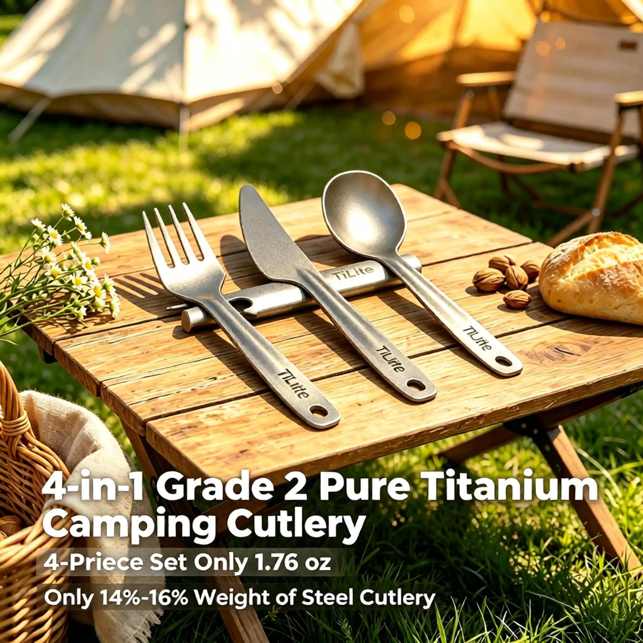 Pure Titanium Cutlery Set - 4-in-1 Camping Utensils with Spoons, Foldable Cutlery, Bottle Opener, Can Opener, Screwdriver - Portable Camp Kitchen Tableware for Outdoor Camping, Hiking, Travel Stuff, Camping Accessories, Ultra-Light,