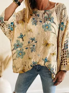 Women's Floral Print Sweater Knitwear, Boho Casual Batwing Sleeve Top for Vacation Holiday Beach, Fashion Casual Top, Ladies Clothes for Spring & Summer, Knitted Tops