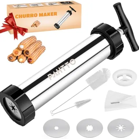 1pcs Stainless Steel Hollow Churro Maker Complete Baking Supplies Kit - Kitchen Utensil with Handle, Piping Bag, 2 Cleaning Brushes, 4 Form Nozzles, Wear-Resistant for Homemade Churros, Perfect Gift