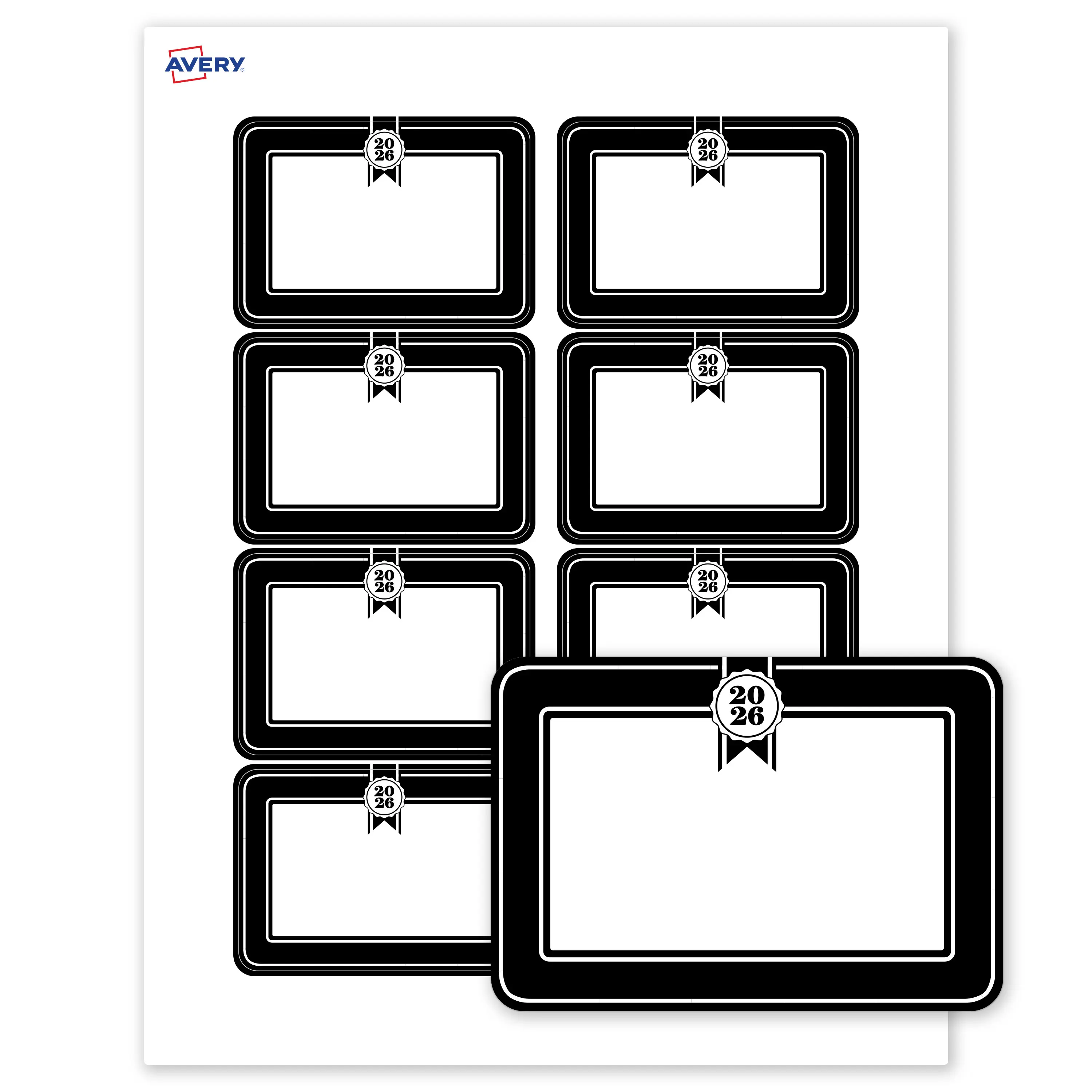Avery® Printable Adhesive Name Tags Name Badges, 2-1/3" x 3-3/8", Matte White, Pre-printed 2026 Black & White Seal Design Great for Graduation, Laser & Inkjet Compatible, 80 Total