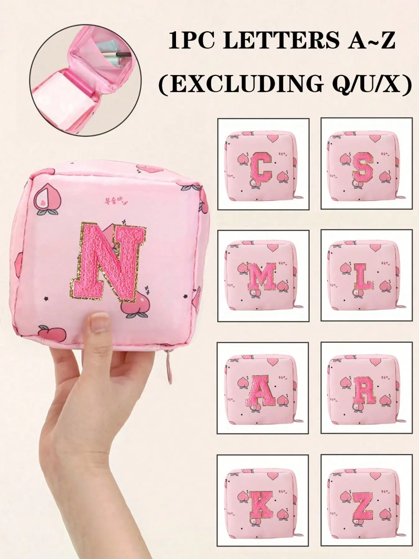 Portable A-Z Initial Embroidered Sanitary Pad Bag, Large Capacity Waterproof Cartoon Design, Suitable for Period Girls, Travel Makeup Pouch