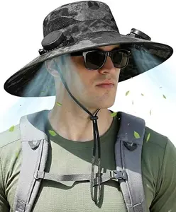 Solar powered fishing bucket hat with 2 built-in fans. Wide brim UPF sun protection, quick-drying, rechargeable & adjustable. Breathable, long battery life for all outdoor activities.