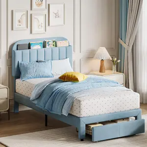 Twin Bed Frame with Drawer, Velvet Upholstered Platform Bed Frame with Storage Headboard, No Box Spring Needed, Easy Assembly, Noise-Free，Blue
