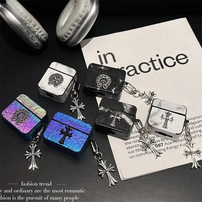 Gothic Cross Marble Iridescent AirPods Case with Cross Keychain, Chrome Hearts Style Leather Texture Earbud Cover