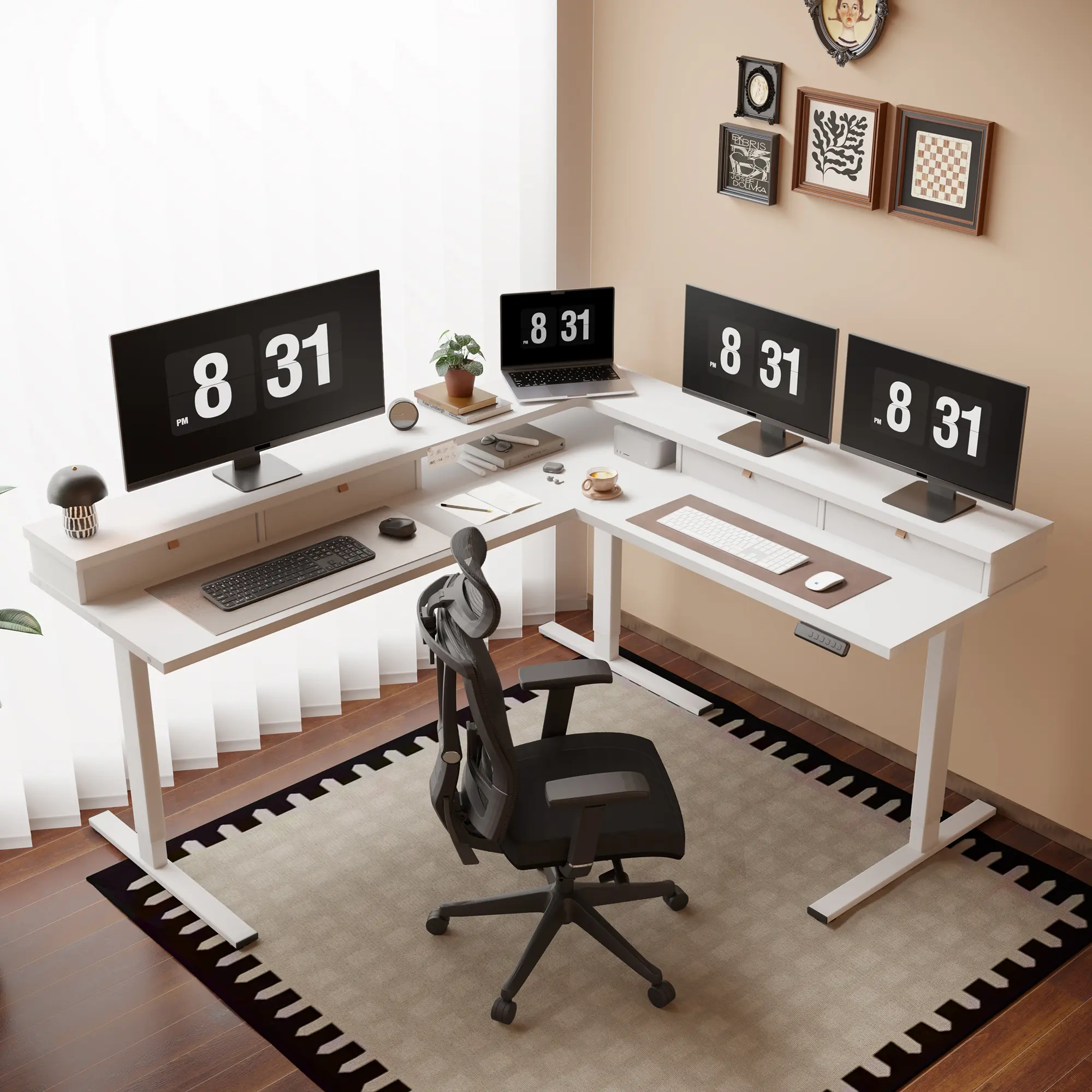 【SummerVibes】FLEXISPOT L-Shape Electric Standing Desk - Home Office Furniture with 4 Drawers, USB Charger, Monitor Shelf - Adjustable Multi-Function Large Height Adjustable Desk for Home Office Gaming, L-Shape Desks