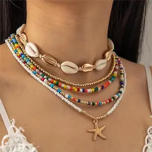 Multi-layer Seashell & Colorful Bead Starfish Choker island Necklace Set - Beach Girl Aesthetic Y2K Trendy It Girl Ins Aesthetic Boho Retro Statement Jewelry Accessories for Women Valentines&birthday Boujee Gifts for gf