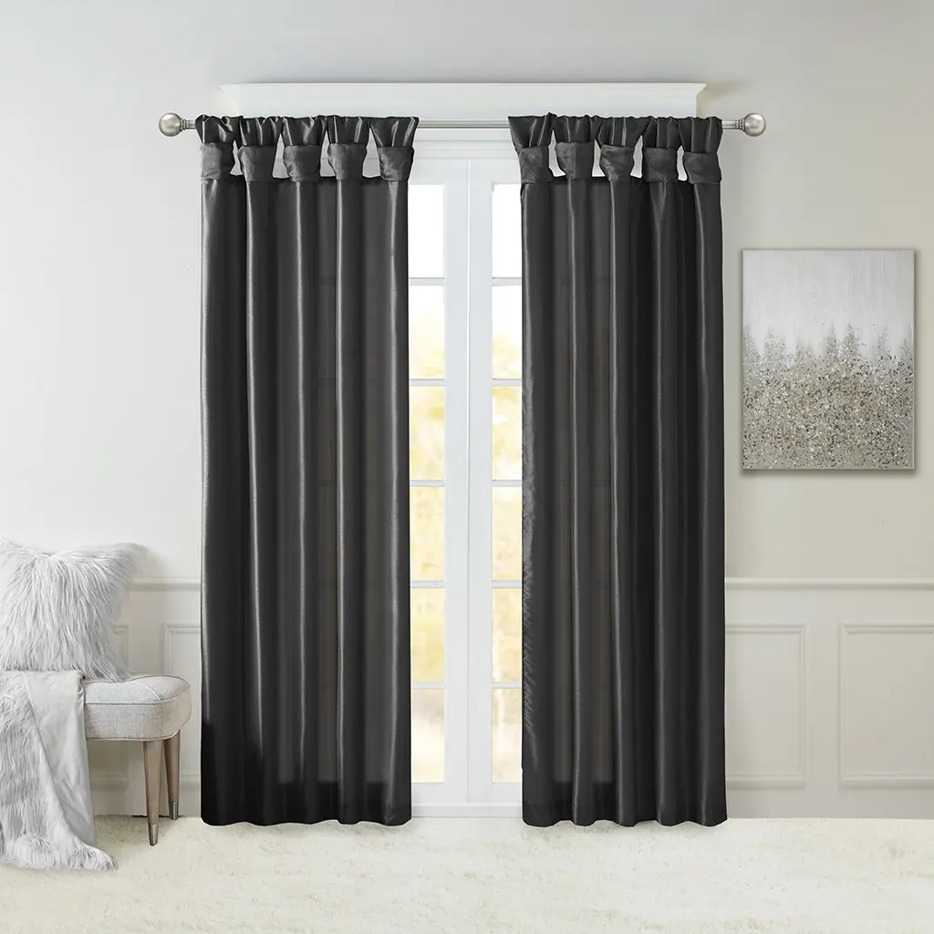 Madison Park MP40-8329 Emilia Twist Tab Curtain Fabric Panel, 50x84x0.13 in, Black Double Lined Luxury Fabric Panels, Curtain Fabric Panels