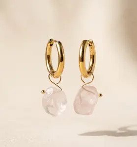 Raw Rose Quartz Huggie Hoop Earrings — 18K Gold Plated