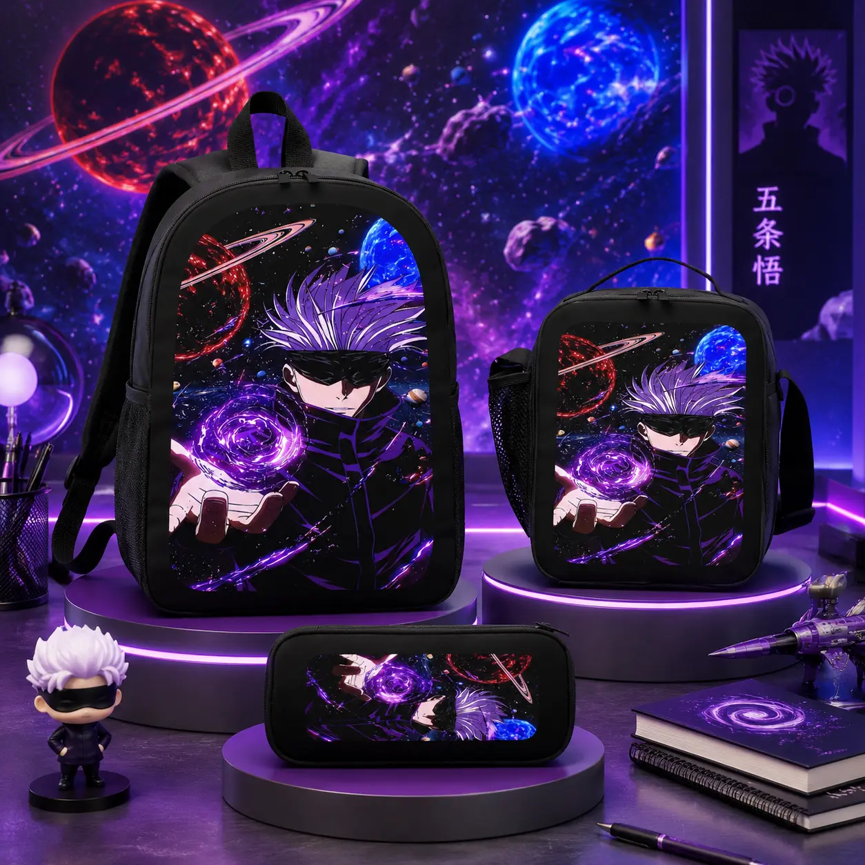 Jujutsu Kaisen Gojo Satoru Anime Backpack Set 3 Piece School Backpack Lunch Bag Pencil Case Lightweight Polyester Daypack for Teens Backpacks for School Women Men Student Travel Casual Backpack Set