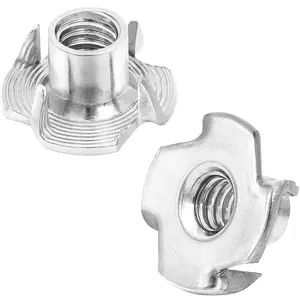 1/4"-20 T-Nut, 5/16" Barrel Length, 304 Stainless Steel Threaded Insert, 4-Pronged Tee Nut for Wood, Rock Climbing Holds, Cabinetry, Furniture, 25 PCS