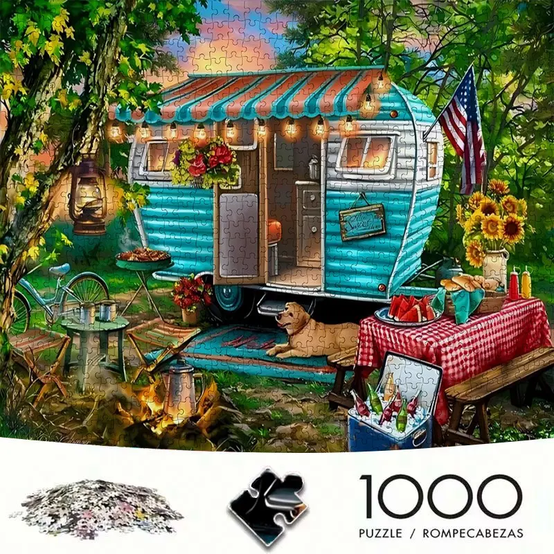 Adult Mini Puzzle Box (1000-Piece), Retro Camper Holiday Theme, High-Quality Stress-Reducing Family Game, DIY Home Decor Gift