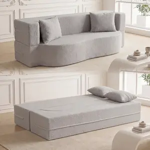 COSTWAY 75.5" Folding Sofa Bed, 2-in-1 Convertible Teddy Fleece Floor Loveseat with 2 Comfortable Pillows, No Assembly Needed, Modern Sponge Sleeper Couch for Living Room, Guest Room