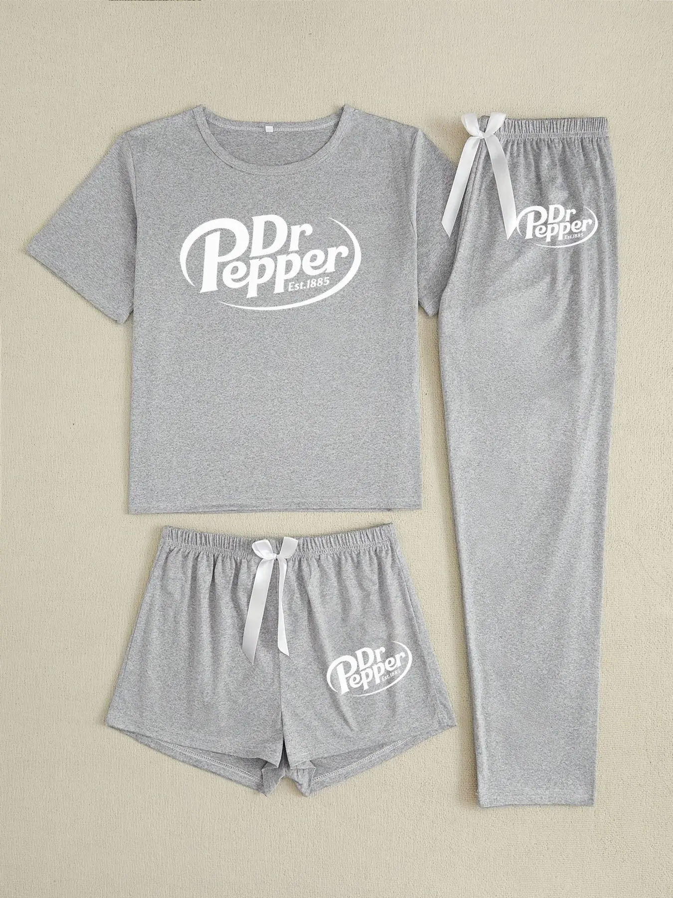 Women's 3-Piece Sleepwear Set with Pepper Doctor Logo Print, Casual Cartoon Design Fitted Pajama Set, Comfortable Loungewear for All Seasons