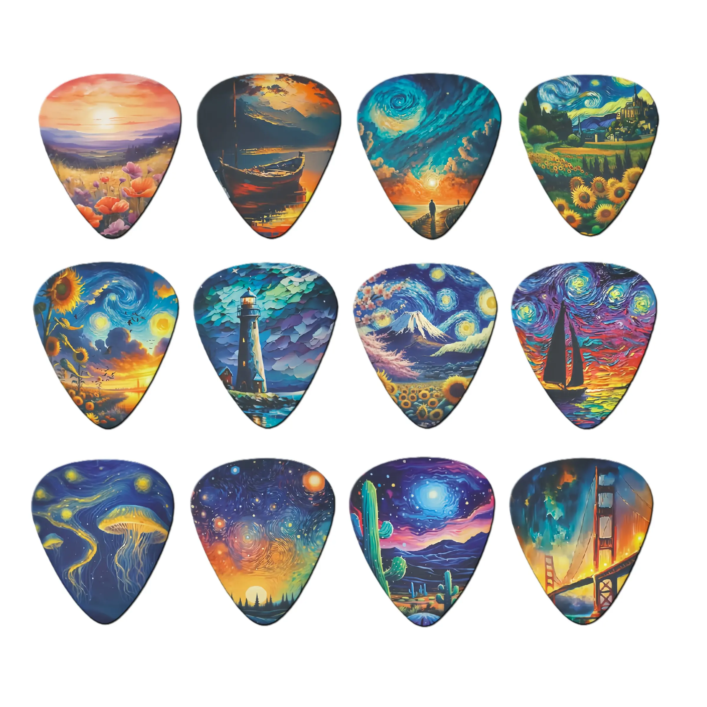 12-Piece Colorful Guitar Picks Set, Unique Design Patterns, Dual-Sided Printing Ukulele Picks, Music Lovers' Gift