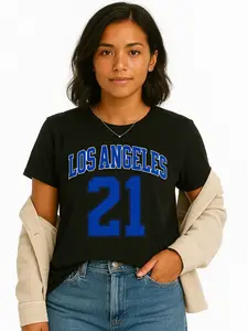 Women's Round Neck Shortsleeve Tshirt - Los Angeles 21 Print, Black/Blue Solids, Breathable USA-Made Cotton Fabric, Minimalist Casual Streetwear, All-Size Fit Everyday Top