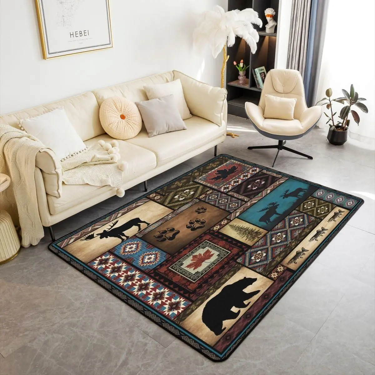 Feelyou Rustic Country Animal-Themed Area Rug - Non-Slip Indoor Carpet with Hunting Deer, Southwestern Aztec Farmhouse Style for Bedroom, Living Room Rugs, Rugs For Living Room