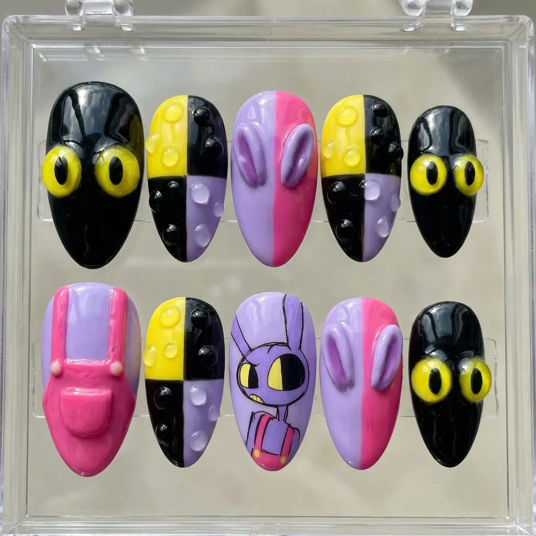 Creepy Bunny Press On Nails | 3D Eyes Jestercore Almond Fake Nails (Purple Checkerboard)