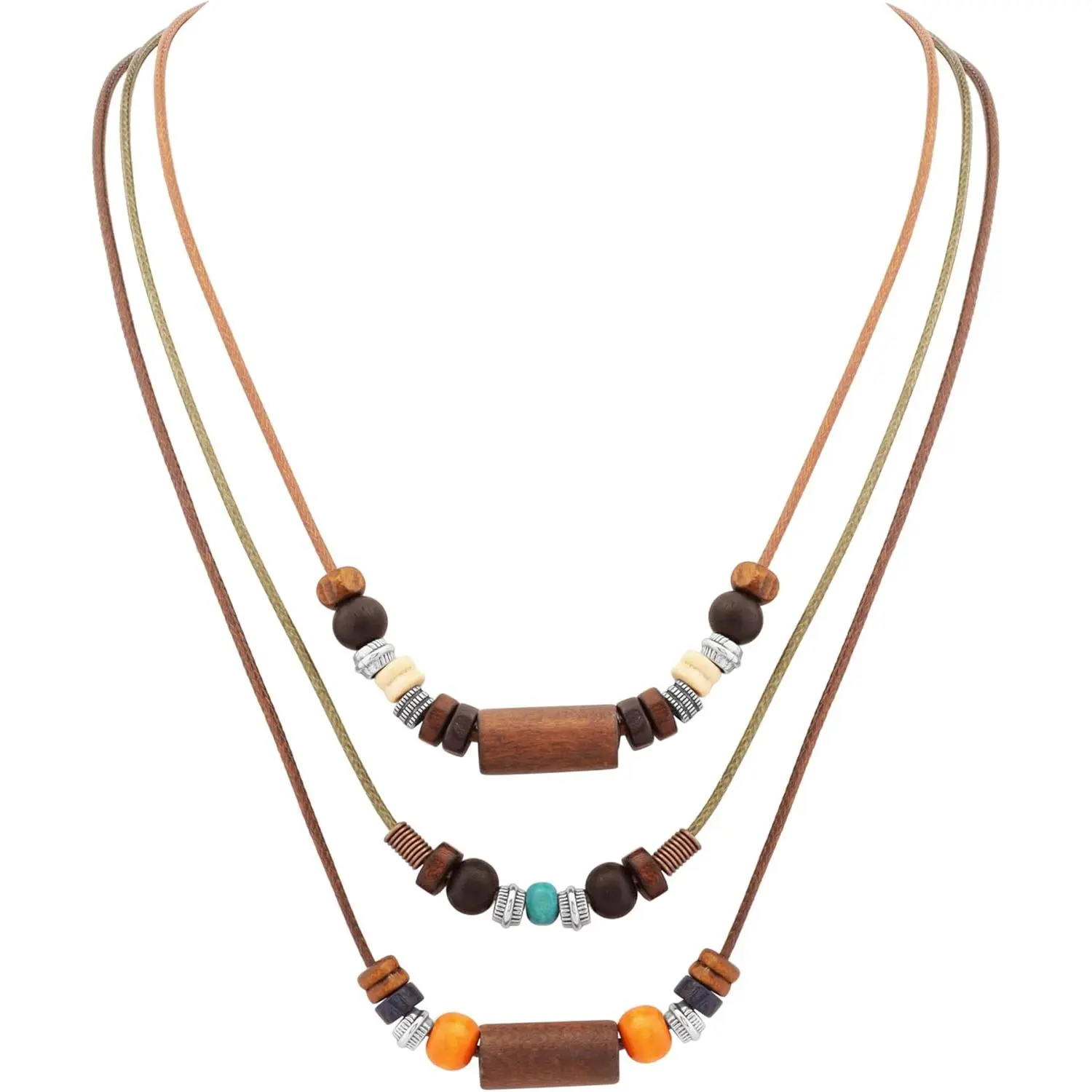 Ethnic Boho Colorful Wooden Bead Multi-Layered Braided Rope Necklace, Women's Jewelry