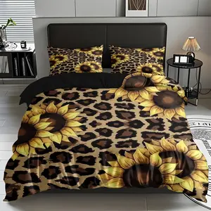 2/3 PCS Sunflower Leopard Print Background Pattern Duvet Cover Set (1* Duvet Cover +1/2* Pillowcase, No Filling), Soft,Comfortable Bedding Set, Suitable For All Seasons, Machine Washable, Birthdays, Christmas ,New Year Gift For Family ,Friends