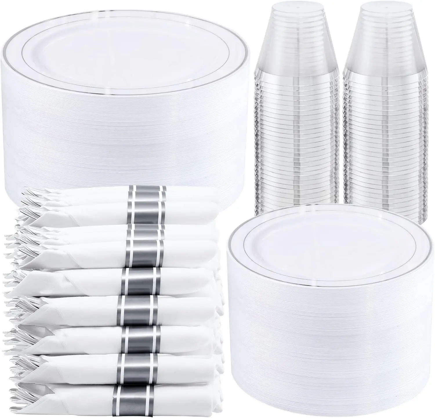 350-Piece Silver Plastic Dinnerware Set - Disposable 10.25" Dinner Plates, 7.5" Dessert Plates, 9oz Silver Rim Cups & Cutlery for Weddings - 50 Guest Service - Elegant Disposable Silverware