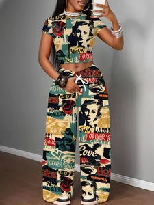 Y2K Streetwear Set, Graffiti Print Top & Wide Leg Pants, Fitted Short Sleeve Tee, Crop Top, Urban Fashion, Perfect for Running & Photoshoots, Womenswear
