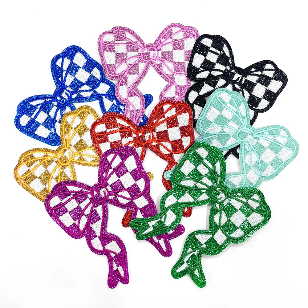 CY 8pcs Glitter Checkerboard Bow Iron On Patches Embroidered Applique for Trucker Hats Clothes Sweatshirt Jackets Bags DIY Decoration