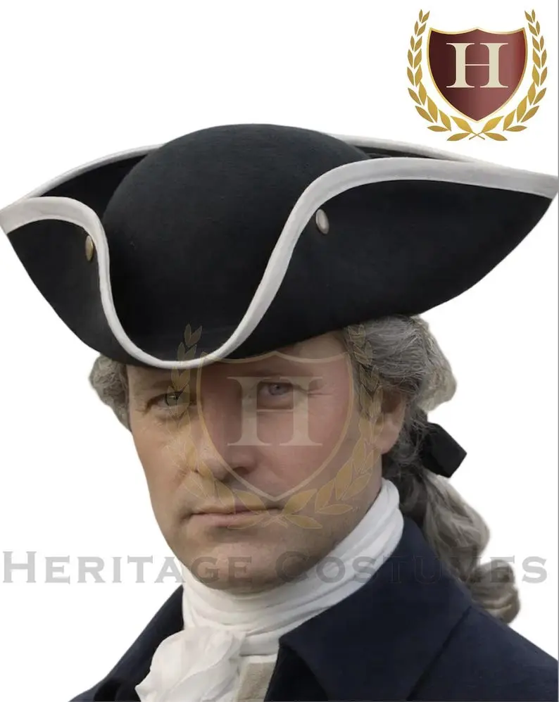 Colonial Tri-corner Hat (Black, W/Gold Braid Trim, W/ White Trim, or Brown)