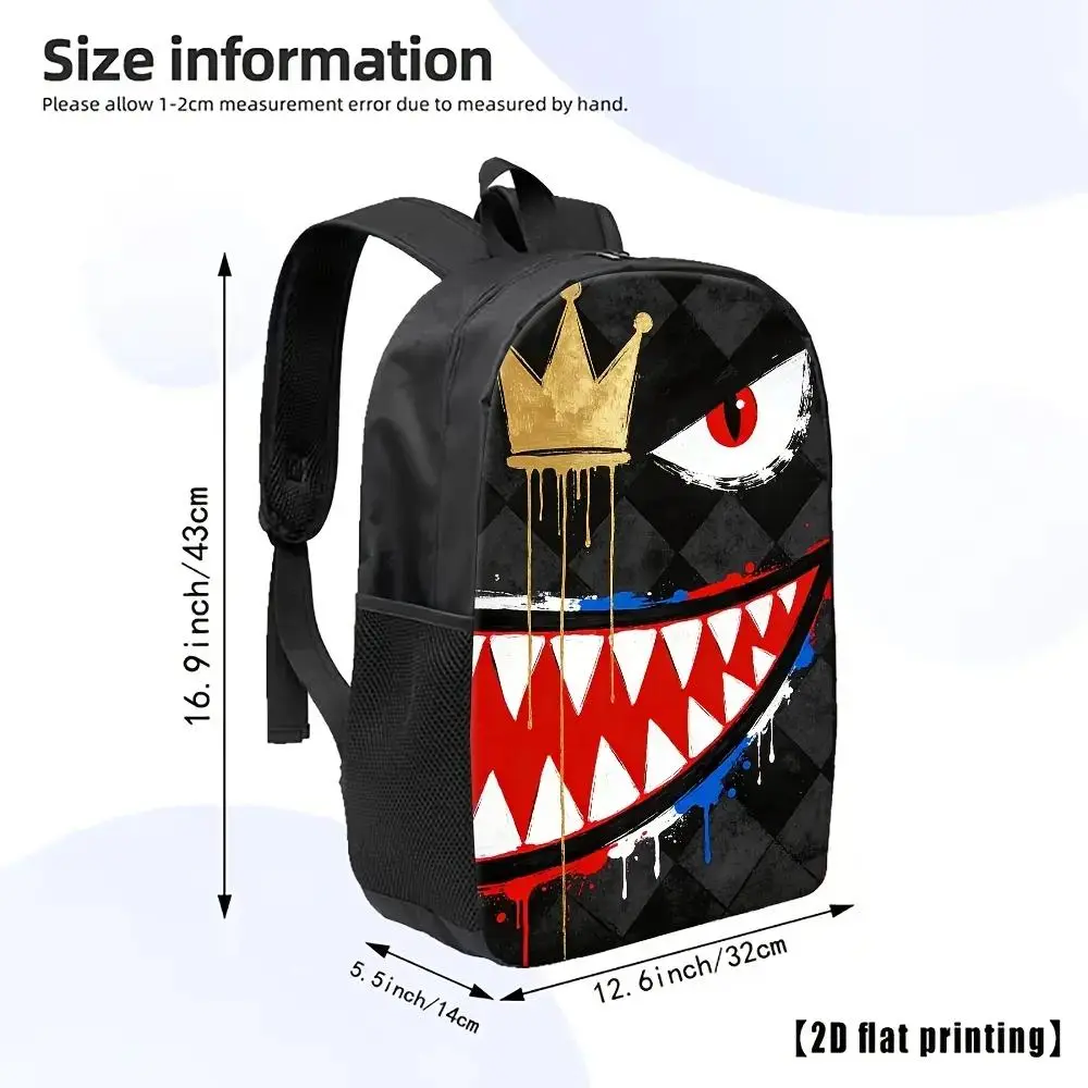 Unisex Polyester Waterproof Backpack - Trendy Casual Style with Bold Print, Gold Crown, Fang-Filled Grinning Mouth, Red-Eyed Graffiti Splatter, Ideal for School, Streetwear Use