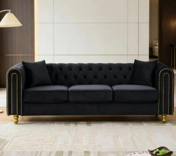 3-Seater Modern Corduroy Chesterfield Loveseat Sofa - Comfy Velvet Couch with Velvet Fabric, Button Tufting, Rolled Arms, Gold Legs, Sturdy Frame for Living Room Family Furniture