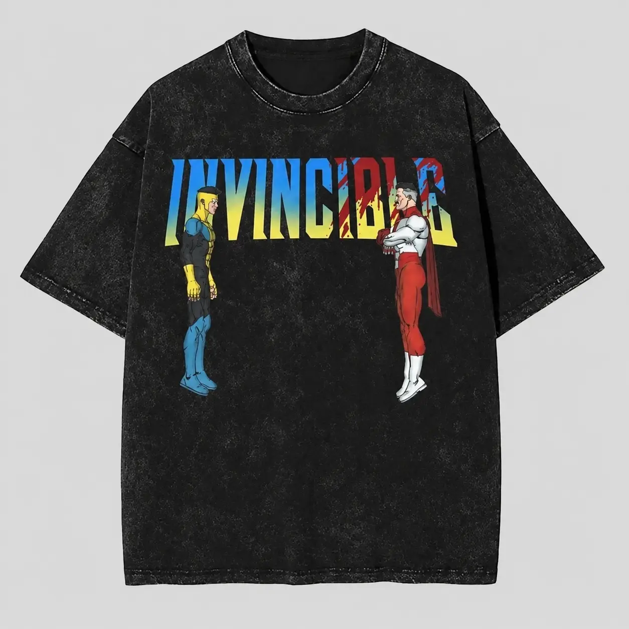 Retro Washed Invincible T-Shirt | Mark Grayson & Omni-Man Battle Graphic Tee-Washed Cotton Graphic Tee, Viral Graphic Tees, Oversized Retro Fashion T Shirt Cool Mafia Streetwear Black Tshirt clothing merch flash sale t shirt Menswear Tops