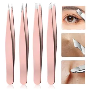 Stainless Steel Eyebrow Tweezers Set, 4 Counts/set Precision Slant Tip Angle Tip Pointed Tip Tweezers for Eyebrow Hair Facial Hair Removal, Makeup Tools, Eyebrow Styling Kit