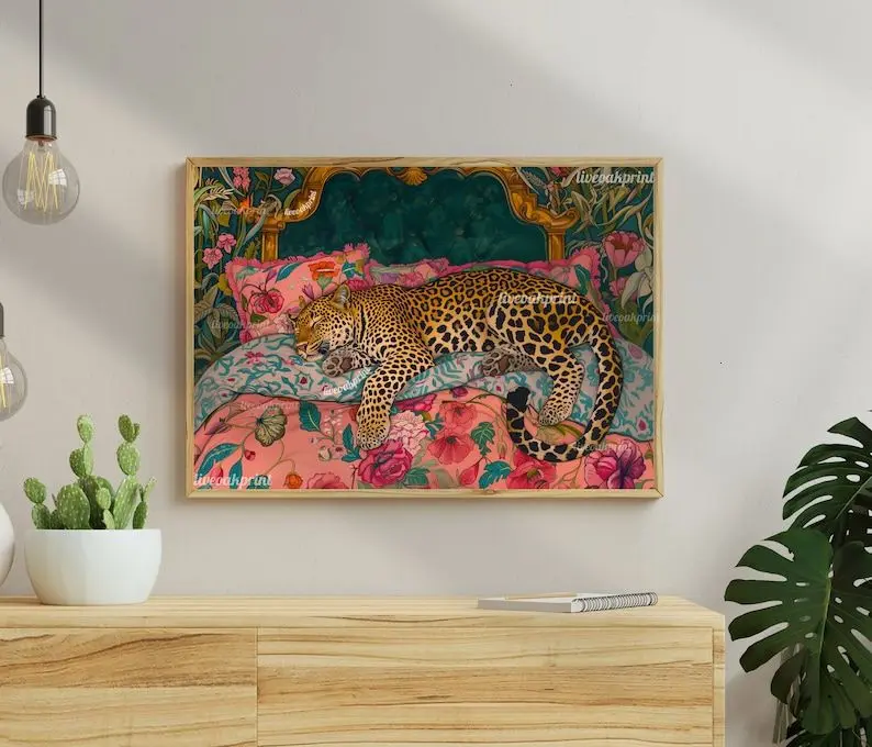 Sleepy Leopard in a Vintage Bed Print - Pink & Emerald Green Maximalist Wall Art - Jungle Bedroom Decor