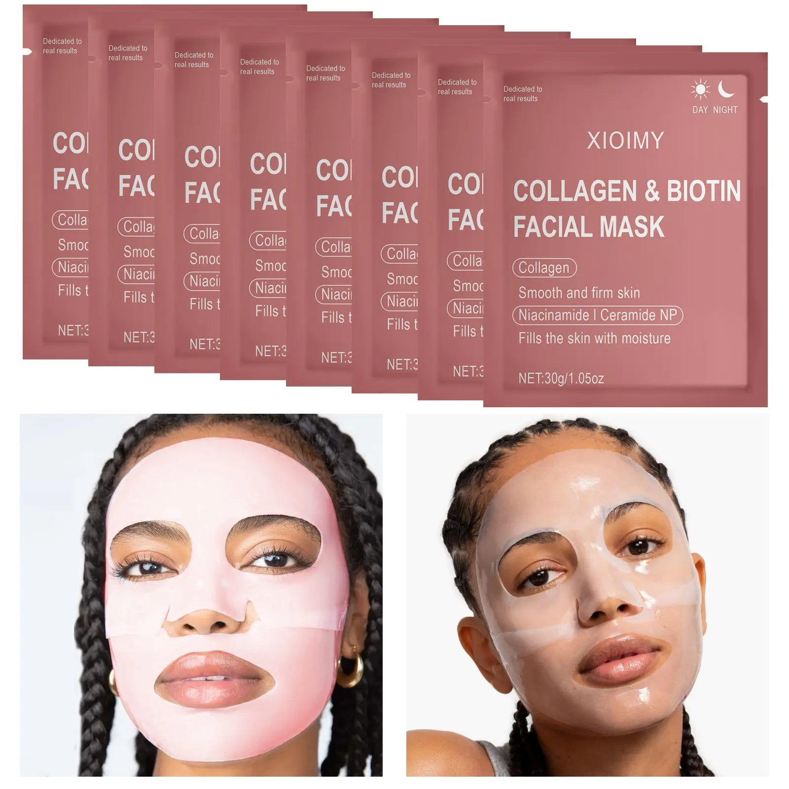 8 Sheets Day and Night Collagen and Biotin Hydrogel Face Masks, Alcohol-Free, Hypoallergenic, Deep Moisturizing Facial Mask for All Skin Types, Deep Moisture Mask